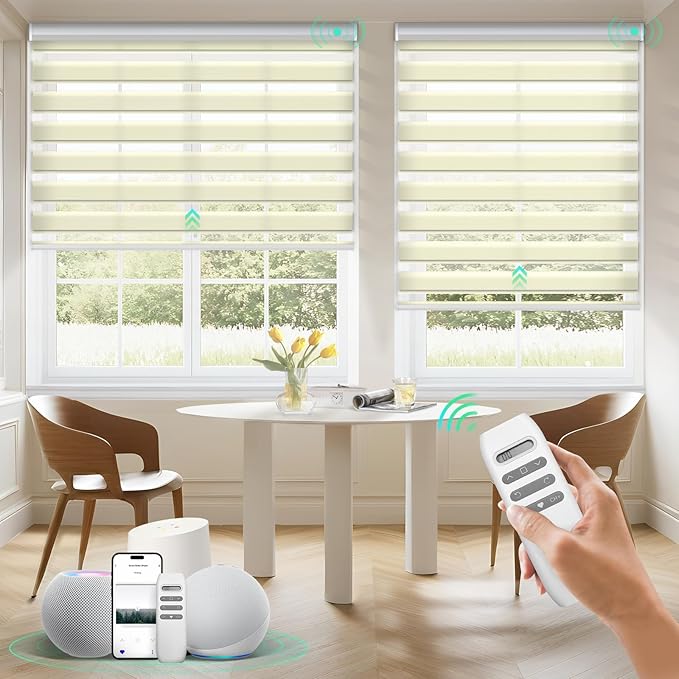 HeyBlinds Motorized Zebra Blinds with Remote, Smart Cordless Electric Zebra Shades for Indoor Windows Compatible with Alexa Google & Homekit, Custom Size (Simple-Beige LF)
