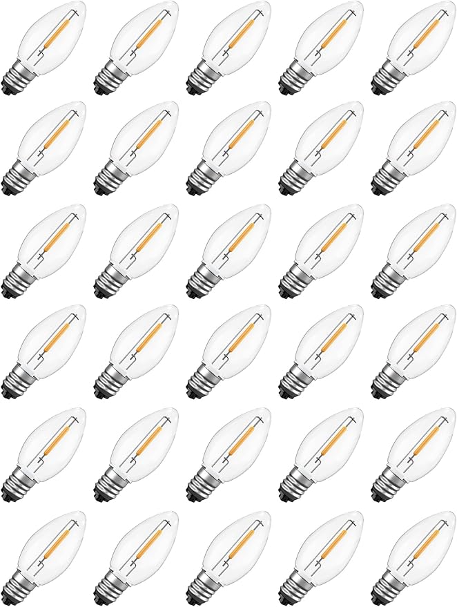 30-Pack C7 LED Replacement Christmas Light Bulbs, Shatterproof Warm White Bulbs for Outdoor String Lights, 0.6W Energy Saving, E12 Candelabra Base, Commercial Grade Holiday Lights