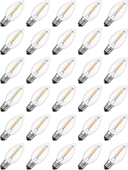 30-Pack C7 LED Replacement Christmas Light Bulbs, Shatterproof Warm White Bulbs for Outdoor String Lights, 0.6W Energy Saving, E12 Candelabra Base, Commercial Grade Holiday Lights