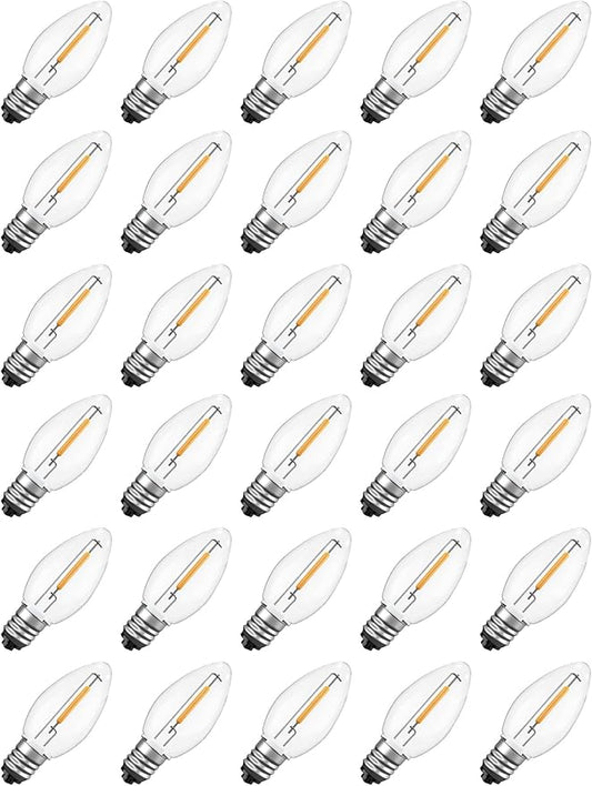 30-Pack C7 LED Replacement Christmas Light Bulbs, Shatterproof Warm White Bulbs for Outdoor String Lights, 0.6W Energy Saving, E12 Candelabra Base, Commercial Grade Holiday Lights