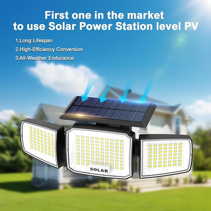 Solar Security Light Outdoor,Solar Flood Light with Active Motion Sensor,3 Heads 270° Wide Angle,Remote Control,IP65 Waterproof, 3 Modes (2 Packs)