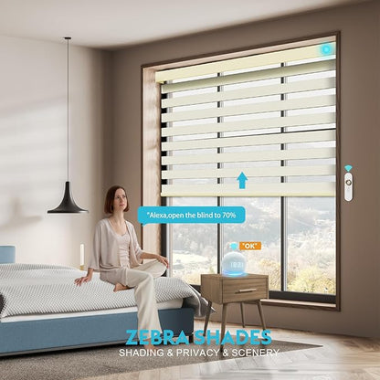 Motorized Zebra Blinds with Remote, Work with HomeKit Alexa, Smart Light Filtering Horizontal Automatic Electric Window Shades for Home Office Customsize（90% Blackout Beige）