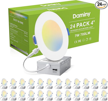 DAMINY 24 Pack 4 Inch LED Recessed Lighting with Junction Box,5CCT,Ultra-Thin Recessed Light,7W 700LM, Dimmable Canless Wafer Ceiling Light, High Brightness