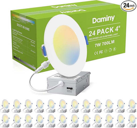 DAMINY 24 Pack 4 Inch LED Recessed Lighting with Junction Box,5CCT,Ultra-Thin Recessed Light,7W 700LM, Dimmable Canless Wafer Ceiling Light, High Brightness