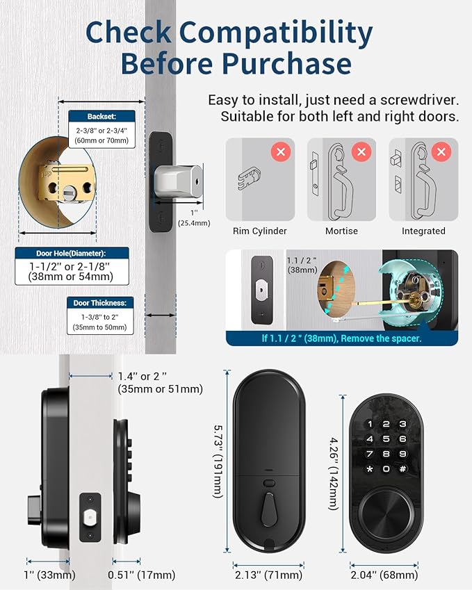 TEEHO TE341 Smart Keyless Entry Door Lock with App Control, Digital Keypad Bluetooth Electronic Deadbolt with Auto Lock, Easy Installation - Black