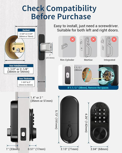 TEEHO TE341 Smart Keyless Entry Door Lock with App Control, Digital Keypad Bluetooth Electronic Deadbolt with Auto Lock, Easy Installation - Black
