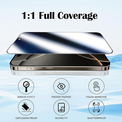 2 Pack Mirror Screen Protector for iPhone 16 Pro Privacy Tempered Glass Mirrored Effect Anti-Spy Easy Installation Frame Full Coverage Shatterproof Anti-Scratch Anti-Bubble (6.3 inch Silver)