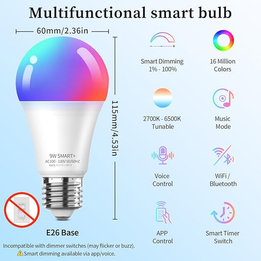 Meliya LED Smart Light Bulbs, Color Changing Dimmable & Timing Smart WiFi and Bluetooth Bulb, Compatible with Alexa and Google Assistant, RGBWW A19, 9W 800 Lumens, Music Sync, Voice Control (4 Pack)