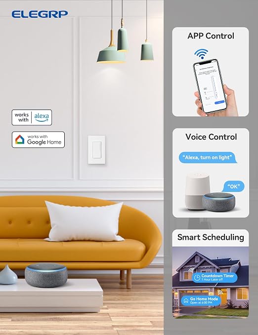 ELEGRP Smart Dimmer Light Switch DTR30, Single Pole or 3 Way, 2.4GHz Wi-Fi Touch Dimmer Compatible with Alexa/Google Assistant, Needs Neutral Wire, No Hub Required, UL Listed, Matte Black, 4 Pack