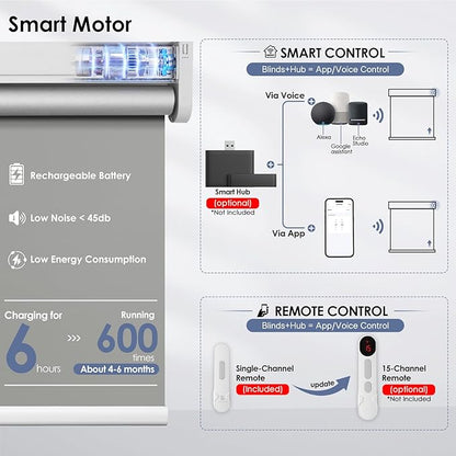 Motorized Roller Blinds with Remote Control & Solar Panel - 100% Blackout Smart Blinds, Automatic, Cordless, Electric Shades - Compatible with Alexa - Gray