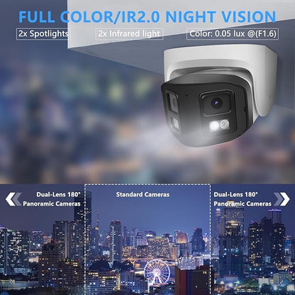 4K 8MP Dual Lens PoE IP Security Camera with 180° Ultra Wide Viewing Angle, 2 Way Talk, Human Detection, SD Card Slot(256GB), Full Color/IR2.0 Night Vision, Compatible with Third-Party NVR or Software