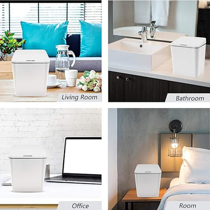 Automatic Small Countertop Trash Can with Lid, 1.5 Gal/6L Toucheless Mini Waste Bin for Office Desk/Bedside Table/Coffee Bar -Batteries, White