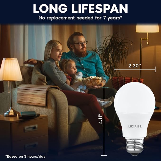 LUXRITE A19 LED Light Bulb 60 Watt Equivalent, Non-Dimmable, 2700K Warm White, 800LM, Standard LED Light Bulbs 8W, E26 Base, Enclosed Fixture Rated, Damp Rated, ETL Listed (24 Pack)