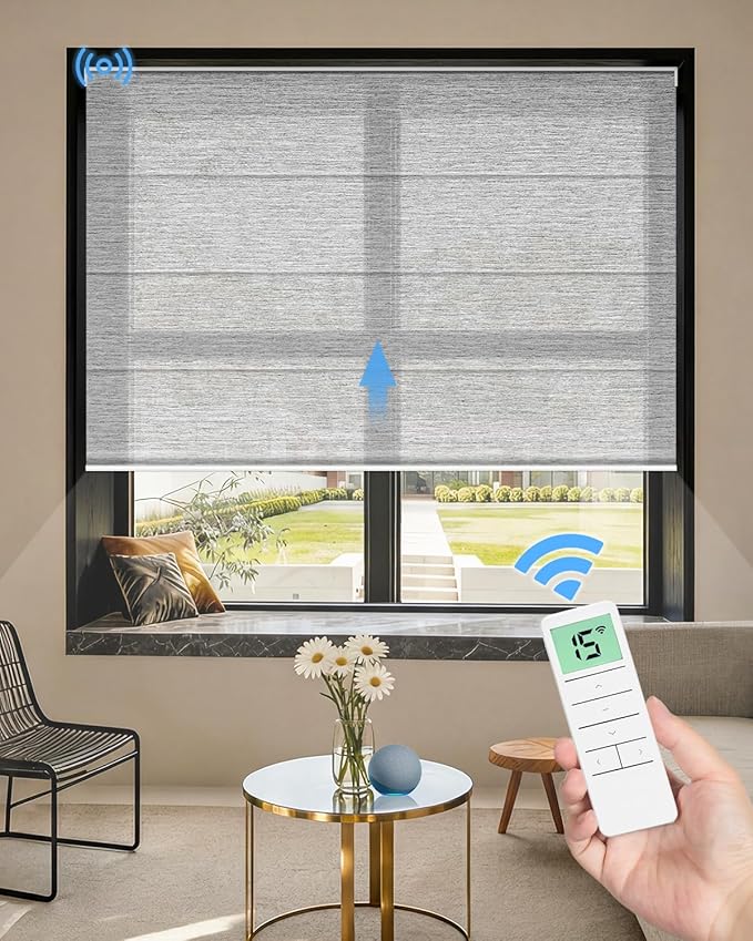Motorized Roman Shades for Windows, Custom Light Filtering Roman Blinds with Remote, Smart Privacy Window Shades for Living Room Kitchen Office, Alexa & Google Home Compatible, App Control via RF Hub