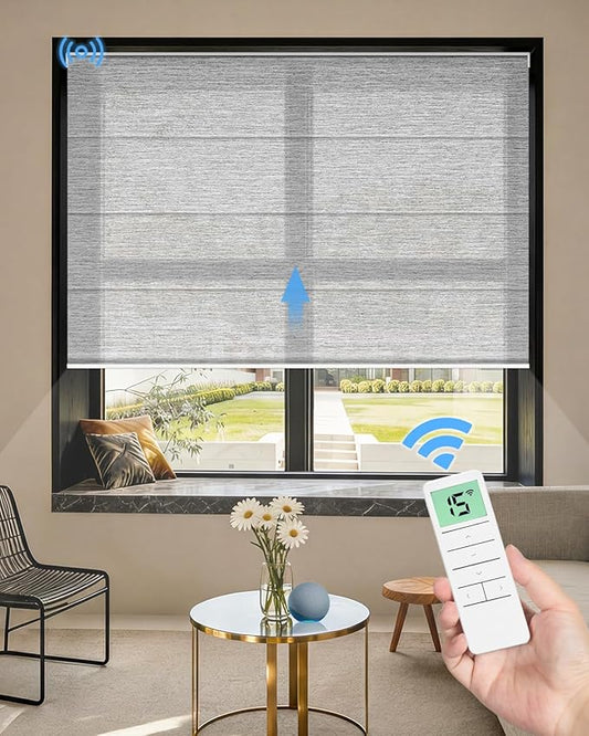 Motorized Roman Shades for Windows, Custom Light Filtering Roman Blinds with Remote, Smart Privacy Window Shades for Living Room Kitchen Office, Alexa & Google Home Compatible, App Control via RF Hub