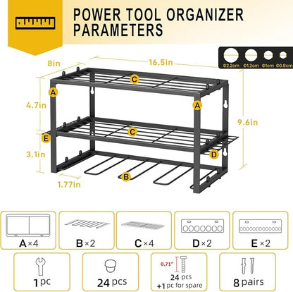 SPACECARE Power Tool Organizer- 2 Pack 3 Layers Rack for 8 Drill Holders | Heavy Duty Tool Shelf Durable Wall Mount Tool Storage Rack for Work Shop, Garage Organization, 150Lbs Load Capacity, Black