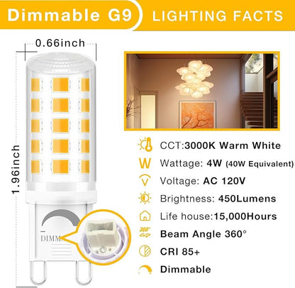 DAYBETTER 12 Pack Dimmable G9 LED Bulb 4W (40 Watt Equivalent), 3000K Soft Warm White, G9 Halogen Bulb T4 G9 Bi-pin Base Light Bulbs for Chandelier,120V 450LM 360 Beam Angle No-Flicker G9 Bulb