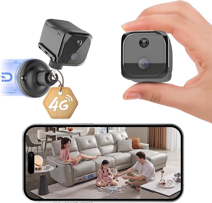 No WiFi Small Security Camera, 4G LTE Cellular Security Camera, 2K Magnetic Surveillance Cam with Long Standby Battery, PIR Motion Detect, Built-in SIM Card Camera for Apartment, Garage or Store