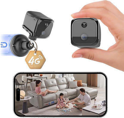 No WiFi Small Security Camera, 4G LTE Cellular Security Camera, 2K Magnetic Surveillance Cam with Long Standby Battery, PIR Motion Detect, Built-in SIM Card Camera for Apartment, Garage or Store