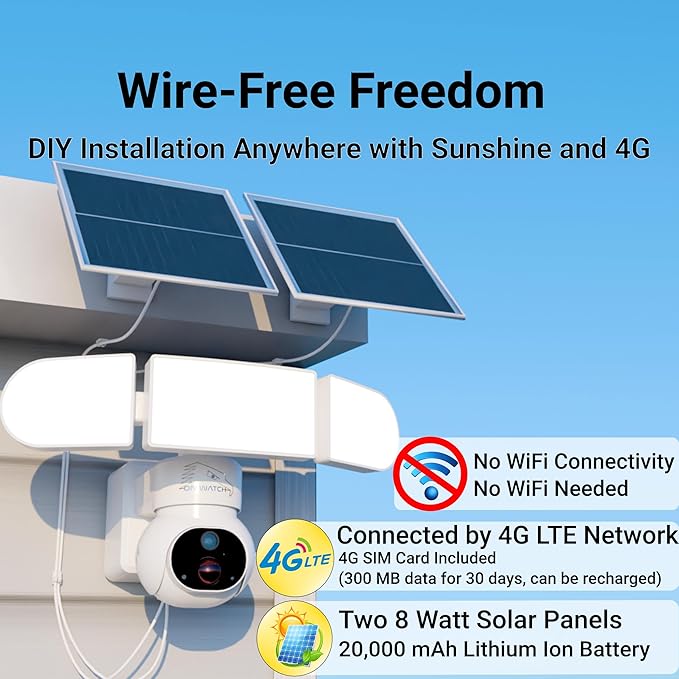 4G LTE No Wi-Fi 24/7 Recording Solar Floodlight Security Camera Outdoor Wireless, Motion-Activated Notification/Floodlight/Siren, Pan/Tilt, 2K HD Live View/Talk, Free 128GB Storage & SIM Card