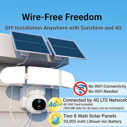 4G LTE No Wi-Fi 24/7 Recording Solar Floodlight Security Camera Outdoor Wireless, Motion-Activated Notification/Floodlight/Siren, Pan/Tilt, 2K HD Live View/Talk, Free 128GB Storage & SIM Card