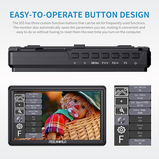 FEELWORLD 5.5 Inch DSR Camera Field Monitor with F550 Battery 2200mAh+Bag Small Full HD 1920x1152 IPS Video Assist Mit HDMI Output and Input S55V3