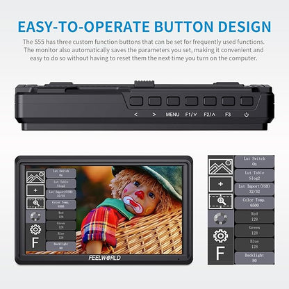 FEELWORLD 5.5 Inch DSR Camera Field Monitor with F550 Battery 2200mAh+Bag Small Full HD 1920x1152 IPS Video Assist Mit HDMI Output and Input S55V3