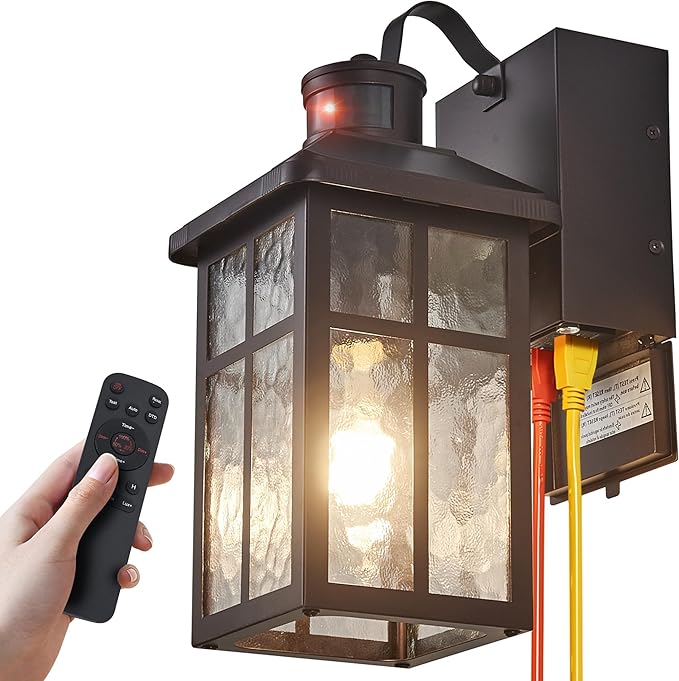 Porch Light with Outlet and Remote Control - Plug in Outdoor Wall Lights with GFCI Exterior Lighting Fixtures Adjustable 3 Sensitivity Levels and 1-10min Delay for Porch, Patio, Entryway(Bronze)