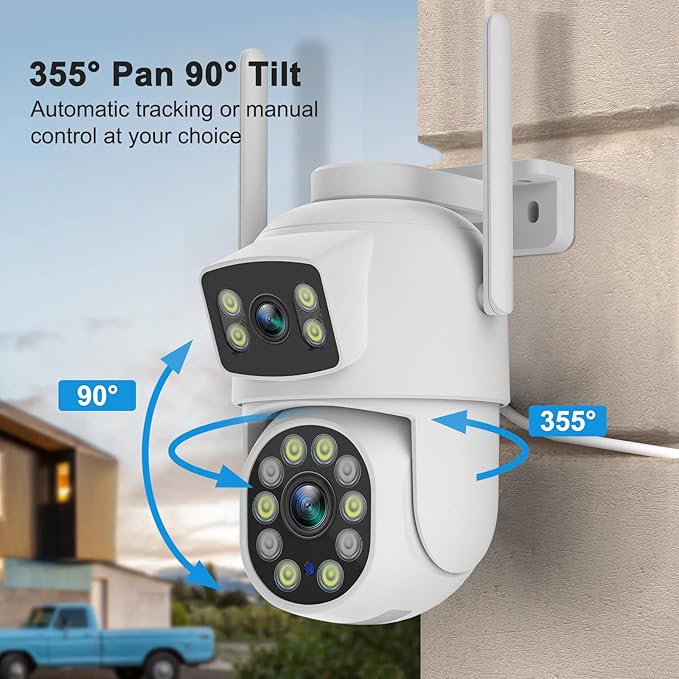 2K Dual Lens Outdoor Security Camera, 360° View Pan/Tilt 2.4G WiFi Wireless Linkage Cameras for Home Security, Home Surveillance Camera with Auto Tracking, Color Night Vision, Two-Way Audio