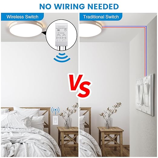 Wireless Light Switch and Receiver Kit, Ortis 300ft RF Range Wireless Wall Switches for Lights, Fans, Battery Included, No Wiring Needed (2 Switches & 1 Receiver Kit)