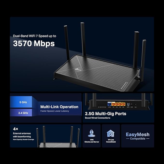 TP-Link Dual-Band BE3600 Wi-Fi 7 Router Archer BE230 | 4-Stream | 2×2.5G + 3×1G Ports,USB 3.0,2.0 GHz Quad Core,4 Antennas-| VPN,EasyMesh,HomeShield,MLO,Private IOT-| Free Expert Support,(Pack of 6)