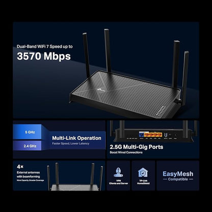 TP-Link Dual-Band BE3600 Wi-Fi 7 Router Archer BE230 | 4-Stream | 2×2.5G + 3×1G Ports,USB 3.0,2.0 GHz Quad Core,4 Antennas-| VPN,EasyMesh,HomeShield,MLO,Private IOT-| Free Expert Support,(Pack of 6)