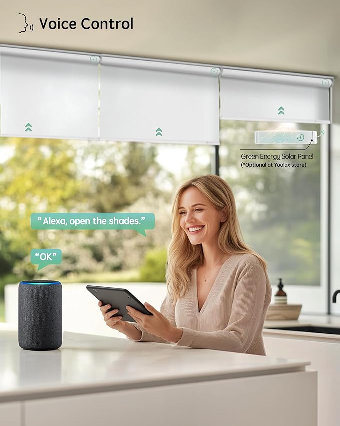 Yoolax Motorized Blinds with Remote, Light Filtering Smart Roller Shades Work with Alexa, Google, Apple Homekit, Custom Automatic Shades with Voice Control for Living Room (Pure White)