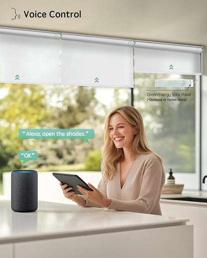 Yoolax Motorized Blinds with Remote, Light Filtering Smart Roller Shades Work with Alexa, Google, Apple Homekit, Custom Automatic Shades with Voice Control for Living Room (Pure White)