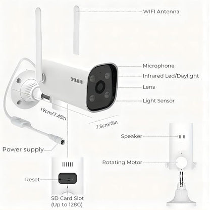EVERSECU 2K WiFi PTZ Bullet Camera, Outdoor/Indoor, Pan/tilt, 2-Way Audio, Night Vision, Motion Detection Auto Tracking, Waterproof, Remote Access, RTSP Stream, Compatible with Alexa(4pack)