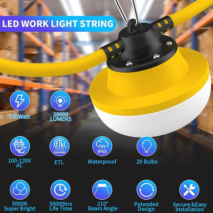 New 200FT Construction String Lights LED Industrial Grade Best for Construction Sites,Renovation, Walkways,Patio,Mine cave,Outdoor Lighting Solutions Use,Free for Climbing Hook 2Prong