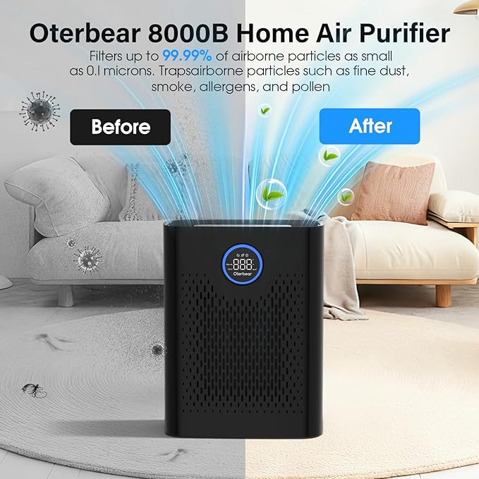 Air Purifiers for Home Pets Up to 3000Ft², HEPA Large Room Air Purifier with PM2.5 Air Quality Monitor, Sleep Mode, Air Purifiers for Bedroom Office for Allergies, Smoke, Dust, Pollen,8000B,Black