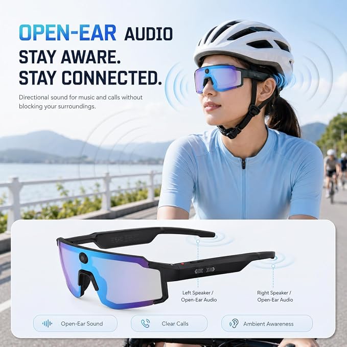 AI Smart Glasses with Camera, 1080P Video Recording Sunglasses, ChatGPT Voice Assistant, Dual Mic ENC & Bone Conduction Open-Ear Audio, 139 Languages Translation for Cycling Travel, 300mAh