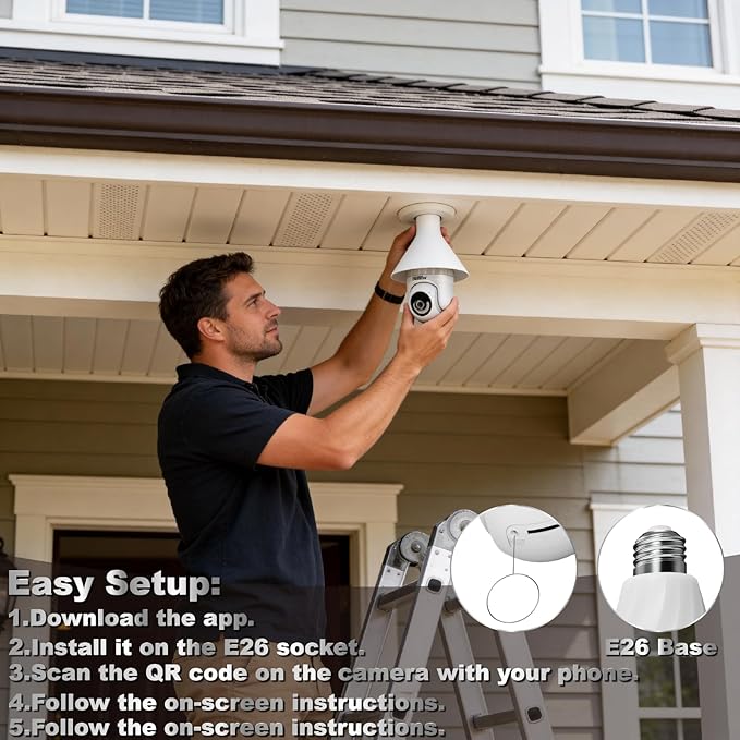 3MP Security Light Bulb Camera - 5G&2.4GHz 2K HD Outdoor Light Socket Camera with LED Bulb, 355° Lightbulb Camera with Motion Detection, Siren Alarm, Two-Way Talk, Night Vision(E26 Base)