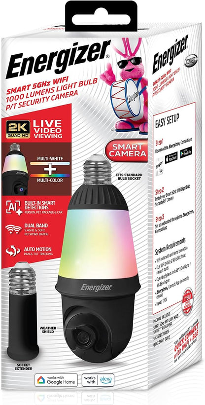 Energizer Smart 2K Light Bulb Security Camera, 1000 Lumens LED Light, 5G&2.4G Wi-Fi Outdoor Socket Camera, Pan Tilt Auto Tracking, (Black, AI Smart Detection Built-in)