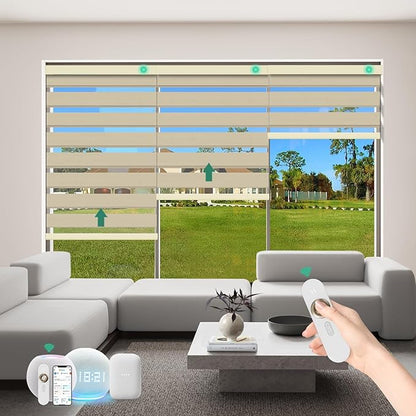 Motorized Zebra Blinds with Remote [Dual Layer + Light Filtering] 95% Blackout Smart Shades for Indoor Windows, Alexa Google and HomeKit Compatible, Customized Size, Equinox Gold