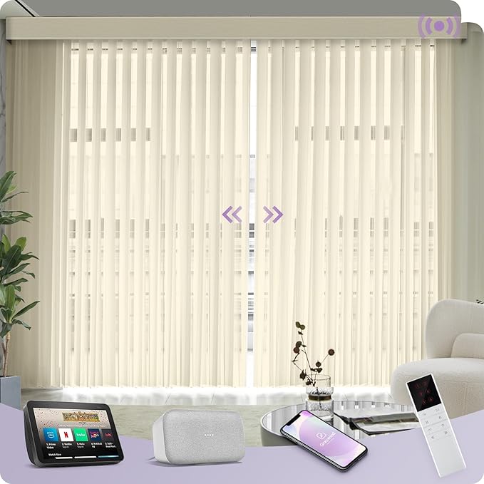 Graywind Motorized Sheer Vertical Blinds Compatible with Alexa Google Smart Sheer Curtain Drapery Privacy Light Filtering Remote Control Vertical Shades, Custom with Up to 157", Striped Beige