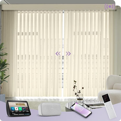 Graywind Motorized Sheer Vertical Blinds Compatible with Alexa Google Smart Sheer Curtain Drapery Privacy Light Filtering Remote Control Vertical Shades, Custom with Up to 157", Striped Beige