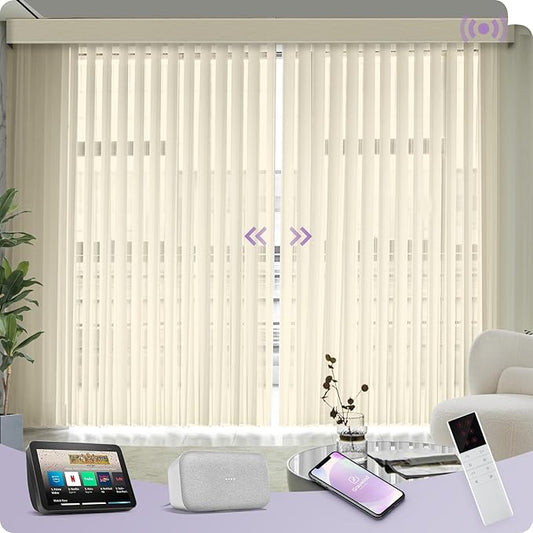 Graywind Motorized Sheer Vertical Blinds Compatible with Alexa Google Smart Sheer Curtain Drapery Privacy Light Filtering Remote Control Vertical Shades, Custom with Up to 157", Striped Beige
