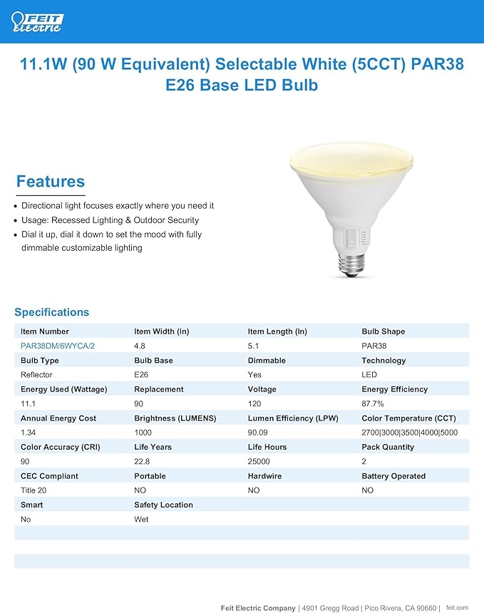 Feit Electric LED Reflector Light Bulb, Dimmable, Adjustable White 2700K–5000K, High CRI, Enhance Series, 25,000-Hour Lifetime, Indoor/Outdoor Use, 90-Watt LED