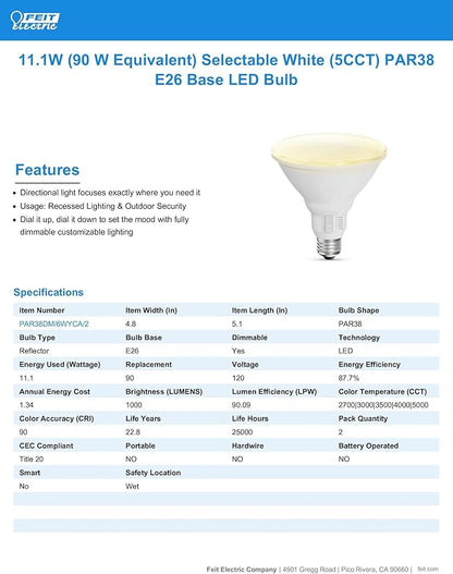 Feit Electric LED Reflector Light Bulb, Dimmable, Adjustable White 2700K–5000K, High CRI, Enhance Series, 25,000-Hour Lifetime, Indoor/Outdoor Use, 90-Watt LED
