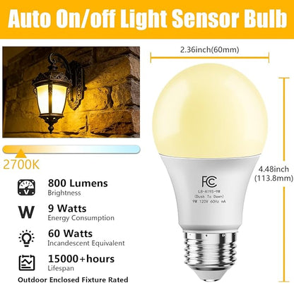 DAYBETTER 4 Pack A19 Dusk to Dawn Light Bulbs Outdoor, 60W Equivalent, Energy Efficient 9W, Light Sensor LED Light Bulb, Automatic on/Off Photocell Bulb for Porch Lighting, Soft White 2700K,E26 Base
