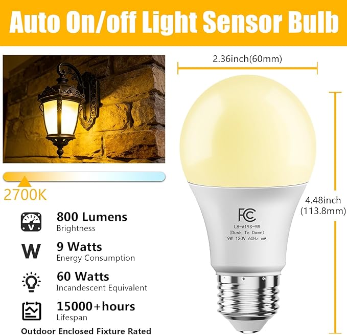 DAYBETTER 8 Pack A19 Dusk to Dawn Light Bulbs Outdoor, 60W Equivalent, Energy Efficient 9W, Light Sensor LED Light Bulb, Automatic on/Off Photocell Bulb for Porch Lighting, Soft White 2700K,E26 Base