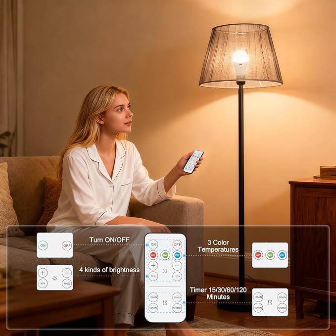 Rechargeable Light Bulbs with Remote Control and USB Charging; Dimmable Battery Operated Light Bulbs with 3 Color Temps and 4 Timer; A19 Wireless Light Bulbs for Sconce, Not-Hardwired 4 Pack