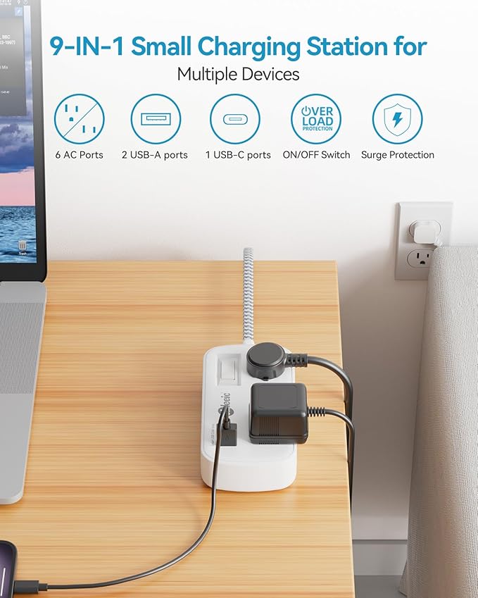 Extension Cord 25 FT Multiple Outlets Surge Protector Power Strip 6AC Outlets 3USB(5V/3.4A 17W), Flat Plug Long Braided Extension Cord, Wall Mountable for Home College Dorm 13A 1625W White